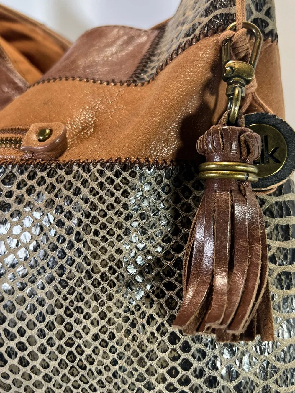 THE SAK Indio Boho Leather Patchwork Purse Hobo Shoulder Bag Braided